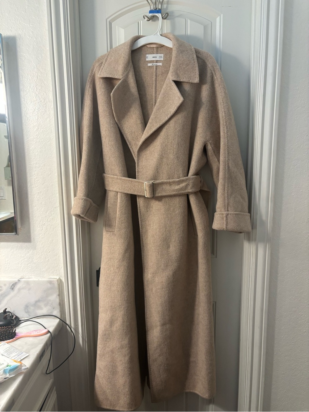 Mango MNG Beige Handmade Wool-Blend Long Belted Coat oversized S - Picture 15 of 15